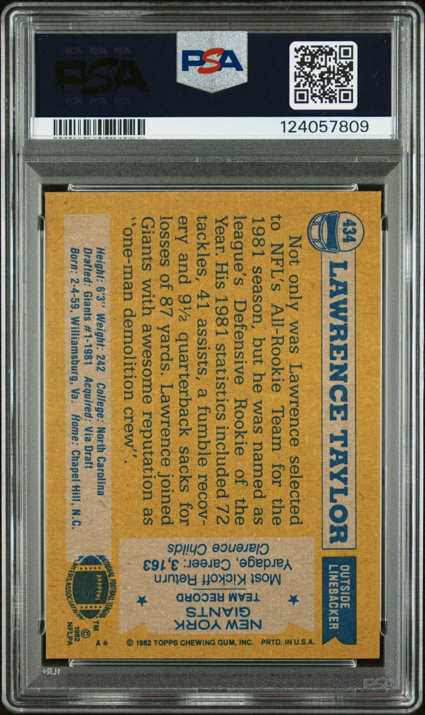 Graded 1982 Topps Lawrence Taylor #434 Rookie RC Signed Football Card PSA 8 Card - Auto Grade Authentic