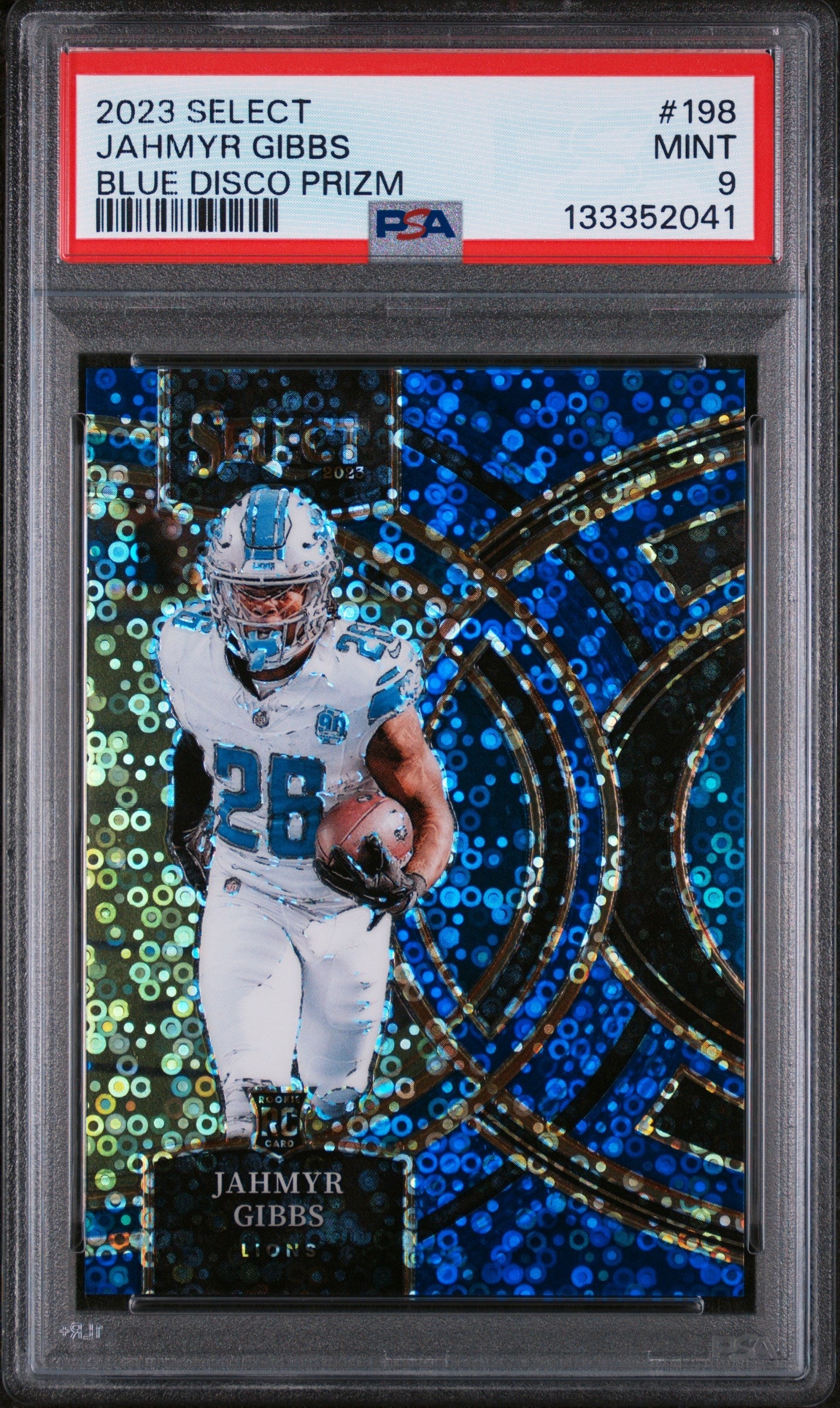 Graded 2023 Panini Select Jahmyr Gibbs #198 1/25 Blue Disco Prizm Rookie RC Football Card PSA 9 Mint