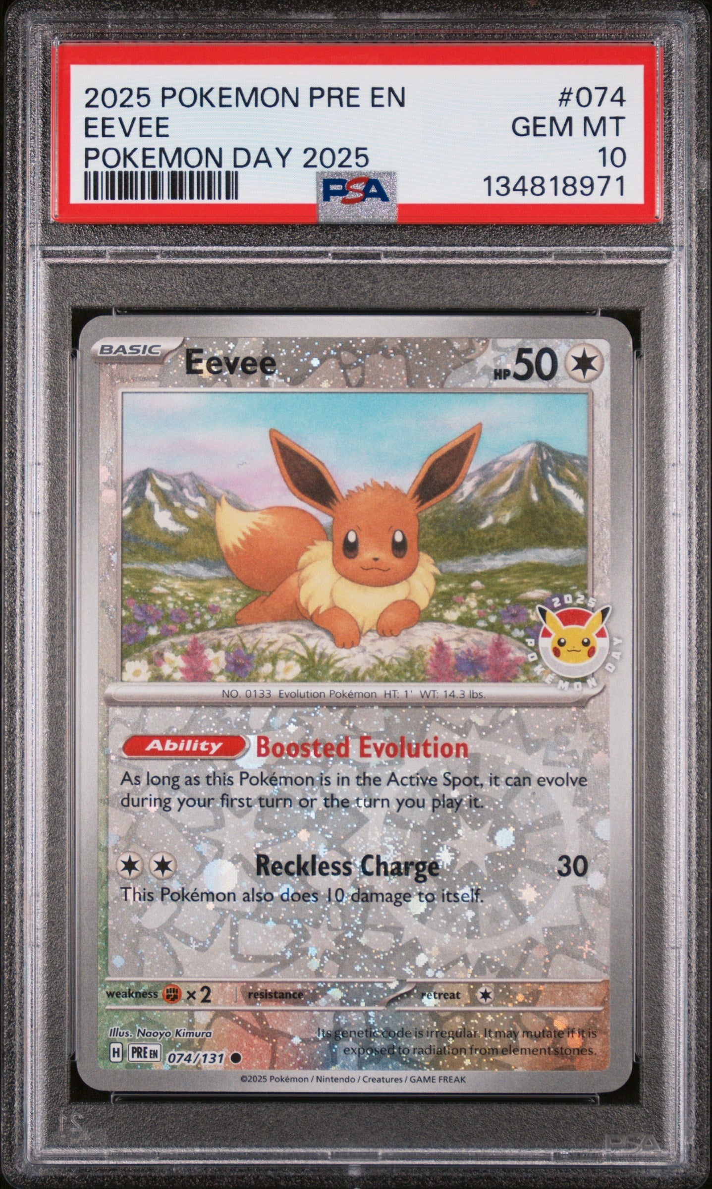 Graded 2025 PKM PRE EN Eevee #074 Pokemon Day Trading Card Game PSA 10 Gem Mint
