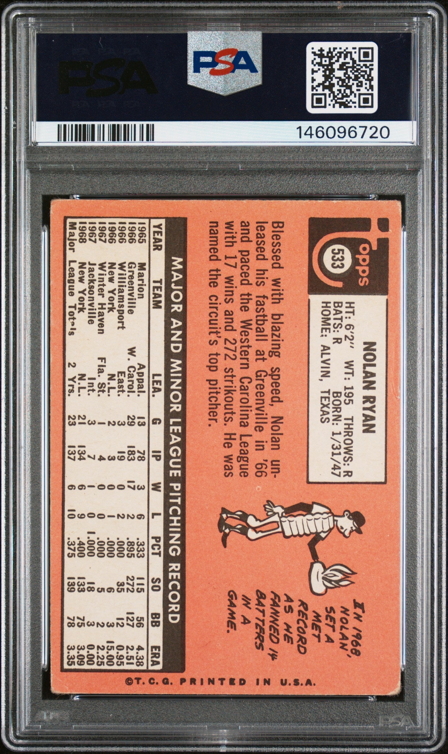 Graded 1969 Topps Nolan Ryan #533 2nd Year Baseball Card PSA 2 Good