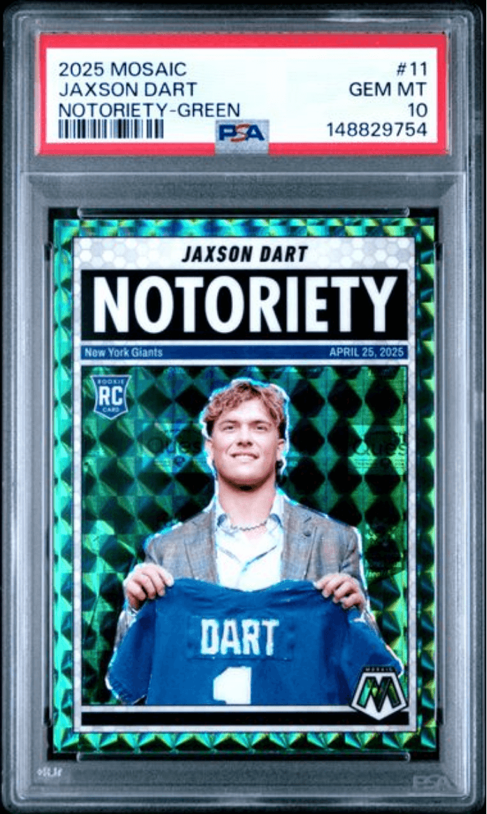 Graded 2025 Panini Mosaic Jaxson Dart #11 Notoriety Green Rookie RC Football Card PSA 10 Gem Mint
