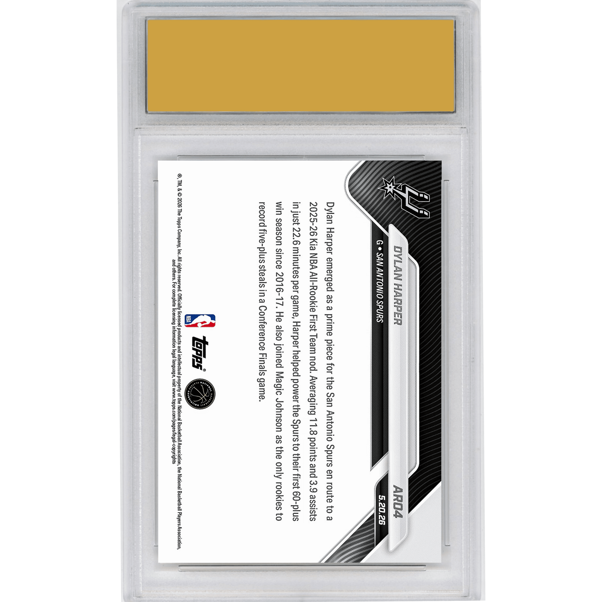 Graded 2025 Topps Now Dylan Harper #AR04 2025-26 KIA NBA All Rookie First Team Selection San Antonio Spurs Rookie RC Basketball Card HOFSM 10 Gem Mint