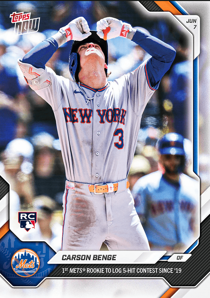 2026 Topps Now Carson Benge #301 1st Mets Rookie to Log 5 Hit Contest Since '19 New York Mets Rookie RC Baseball Card