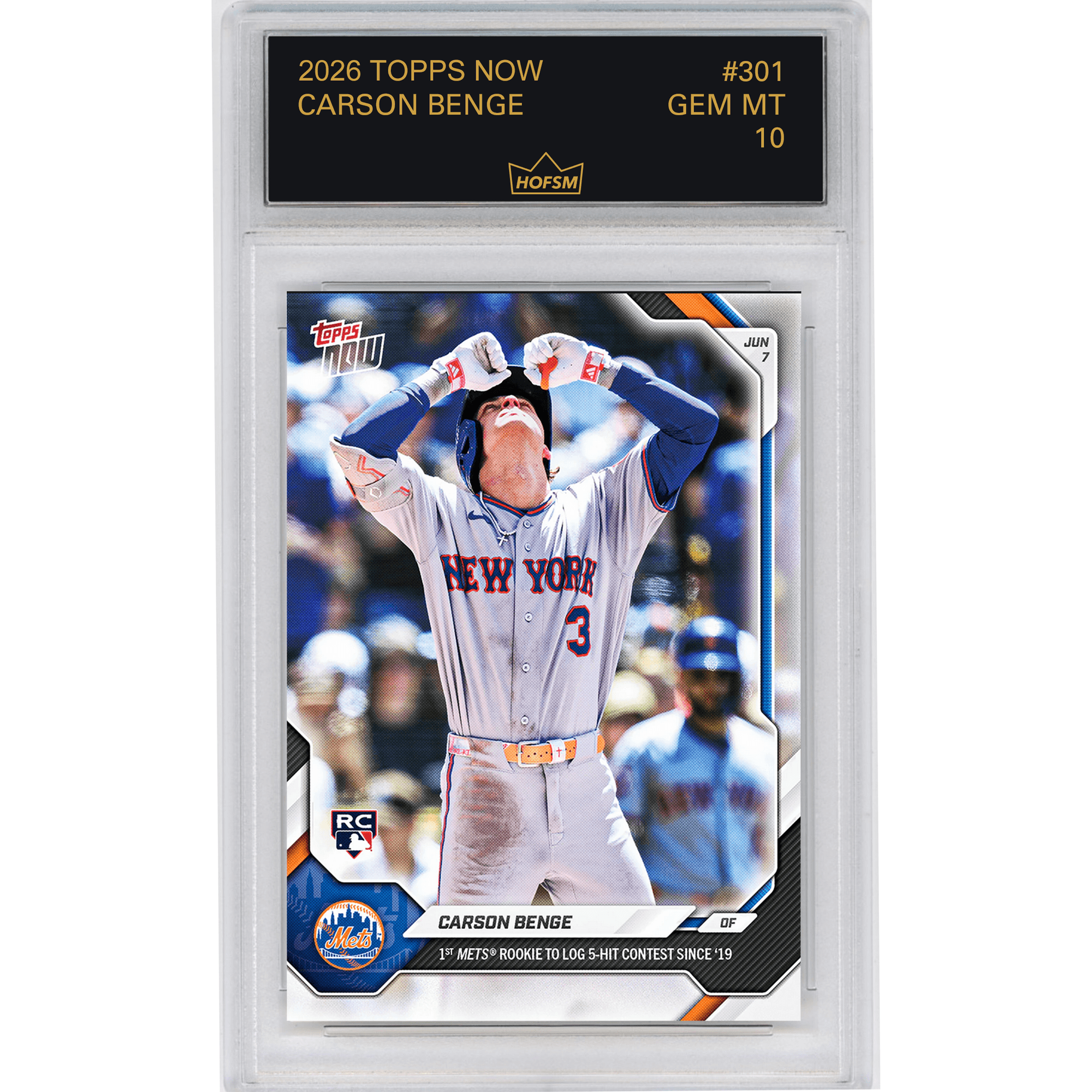 Graded 2026 Topps Now Carson Benge #301 1st Mets Rookie to Log 5 Hit Contest Since '19 New York Mets Rookie RC Baseball Card HOFSM 10 Gem Mint