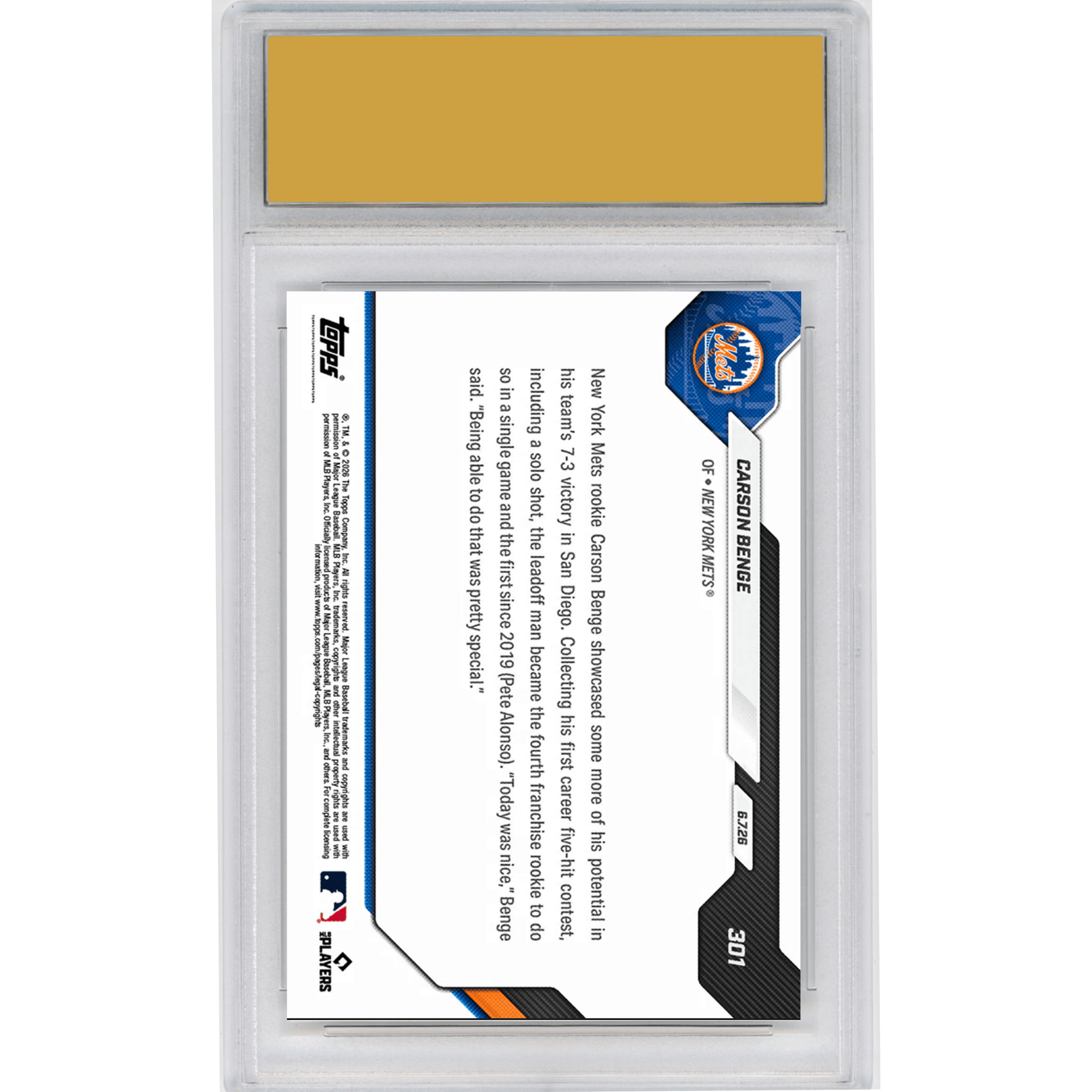 Graded 2026 Topps Now Carson Benge #301 1st Mets Rookie to Log 5 Hit Contest Since '19 New York Mets Rookie RC Baseball Card HOFSM 10 Gem Mint