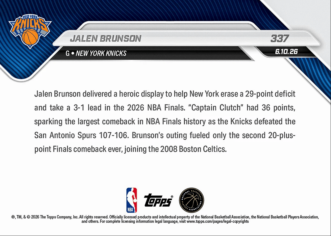 2025 Topps Now Jalen Brunson #337 36 Points + Clutch 4th Quarter Powers Historic Finals Comeback New York Knicks Basketball Card