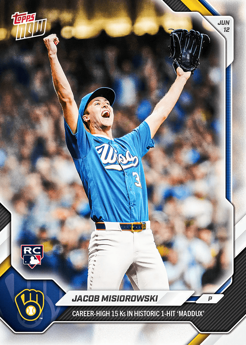 2026 Topps Now Jacob Misiorowski #325 Career High 15Ks in Historic 1 Hit 'Maddux' Milwaukee Brewers Rookie RC Baseball Card