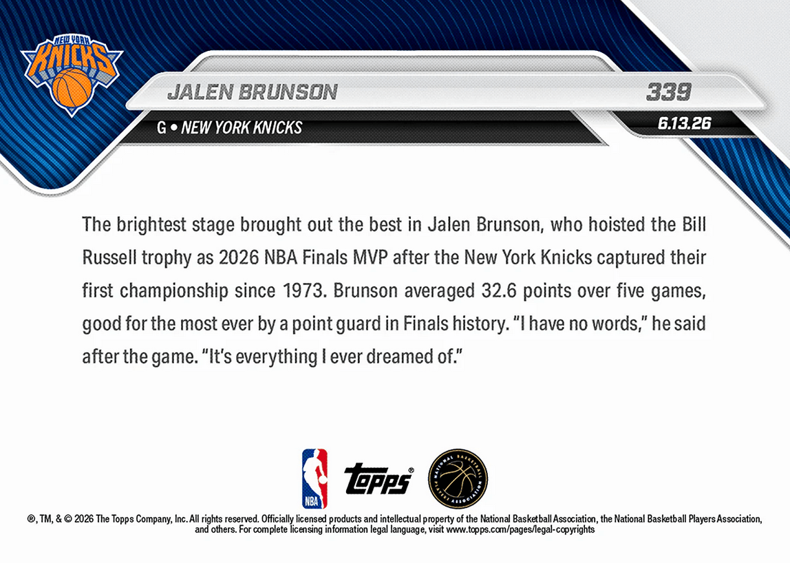 2025 Topps Now Jalen Brunson #339 2026 NBA Finals Most Valuable Player New York Knicks Basketball Card