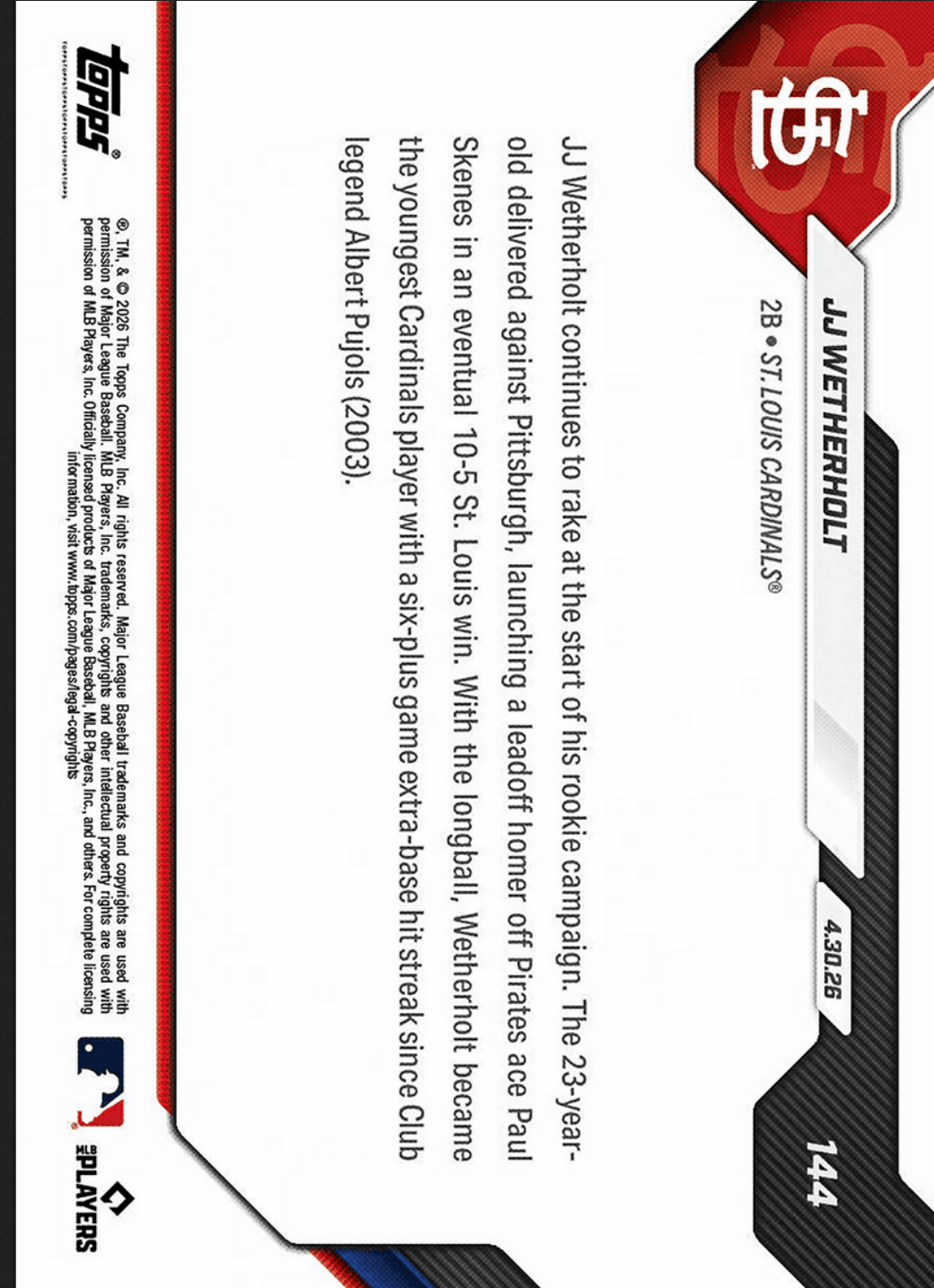 2026 Topps Now JJ Wetherholt #144 Orange Foil /25 Leadoff Blast Cements Cardinals XBH Lore St Louis Cardinals Rookie RC Baseball Card