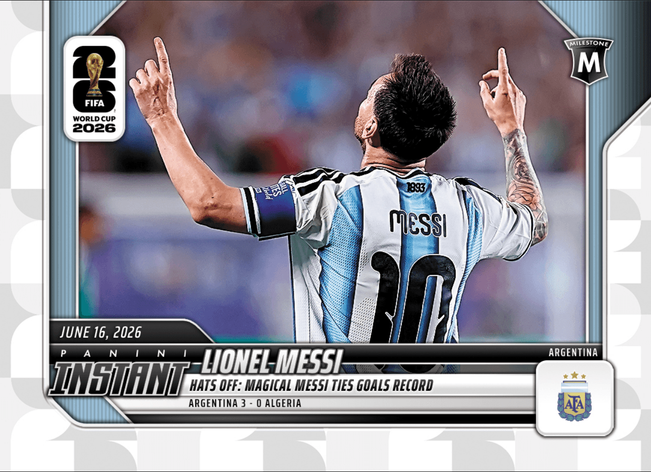 2026 Panini Instant FIFA World Cup Lionel Messi #46 Hats Off: Magical Messi Ties Goals Record Argentina Soccer Card