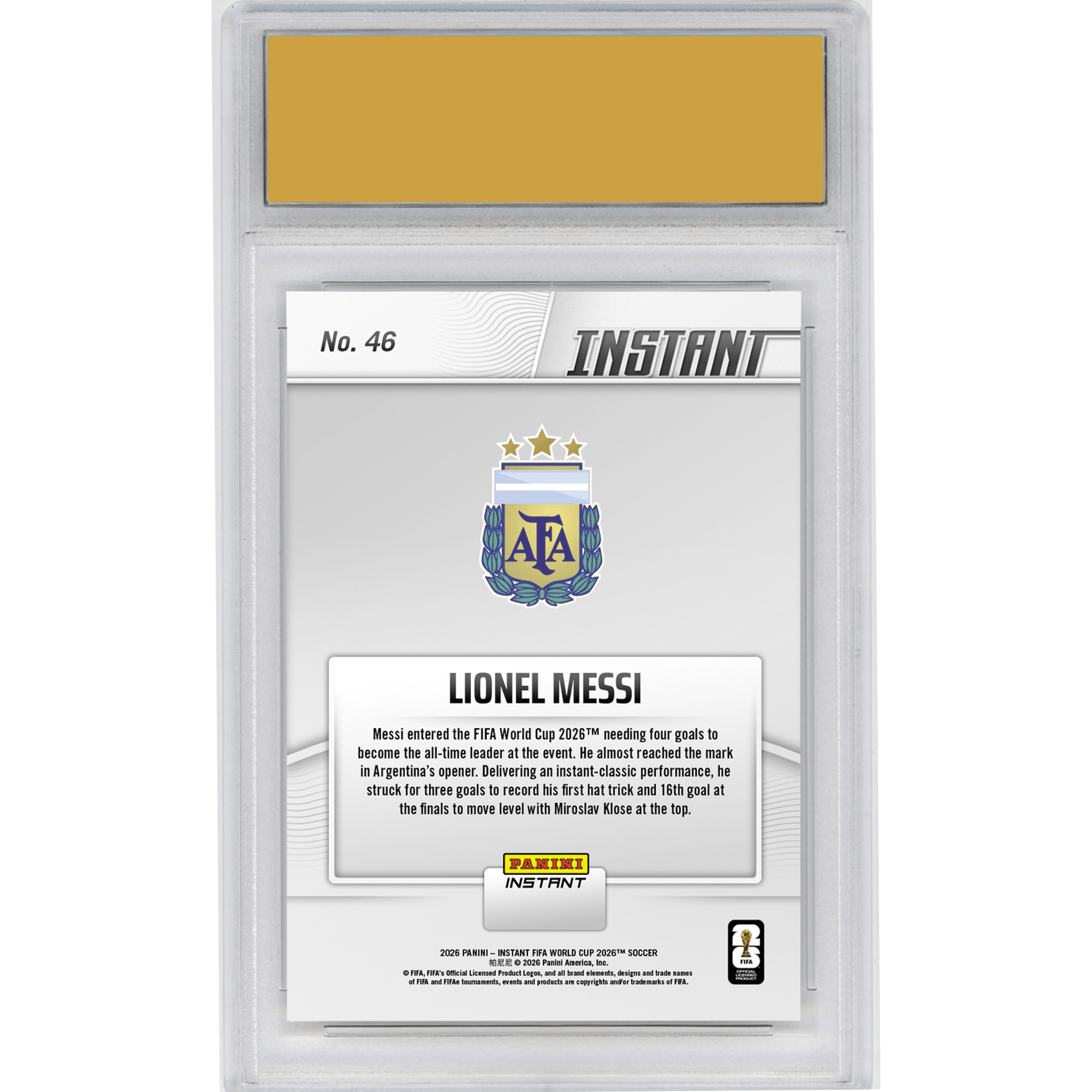 Graded 2026 Panini Instant FIFA World Cup Lionel Messi #46 Hats Off: Magical Messi Ties Goals Record Argentina Soccer Card HOFSM 10 Gem Mint