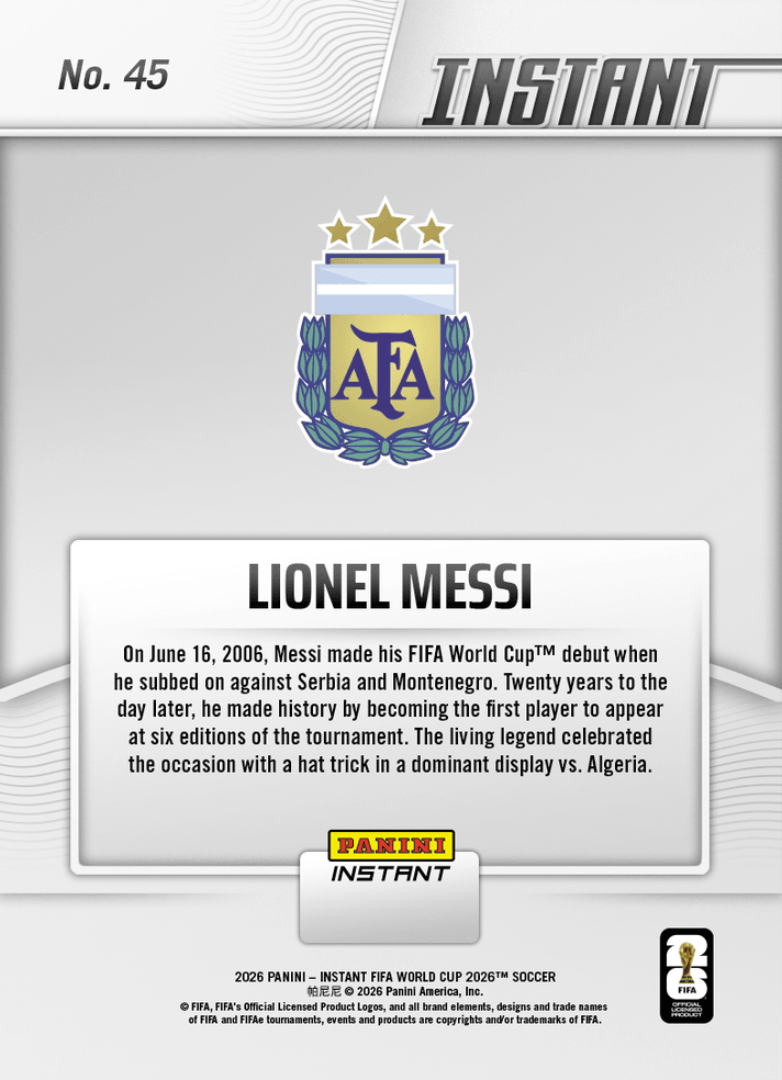 2026 Panini Instant FIFA World Cup Lionel Messi #45 Argentinian Ace Sharper Than Ever in Sixth Finals Argentina Soccer Card