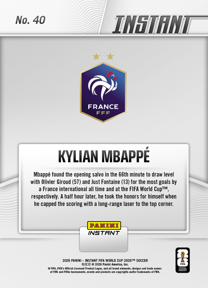 2026 Panini Instant FIFA World Cup Kylian Mbappe #40 Roi De France: Mbappe Takes Team Goals Crown France Soccer Card