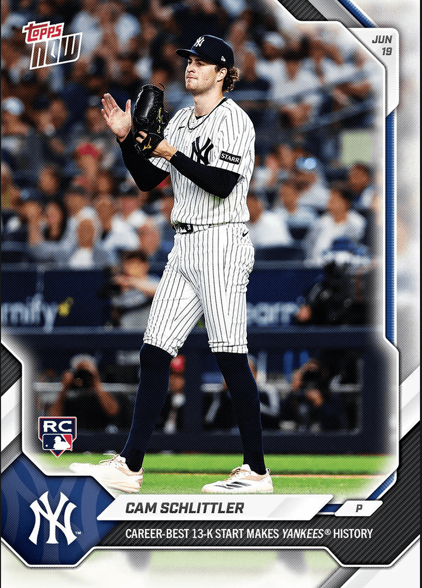 2026 Topps Now Cam Schlittler #355 Career Best 13K Start Makes Yankees History New York Yankees Rookie RC Baseball Card