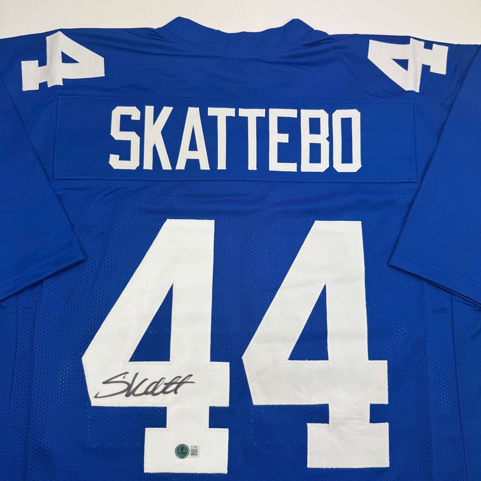 Autographed/Signed Cam Skattebo New York Blue Football Jersey Beckett BAS COA