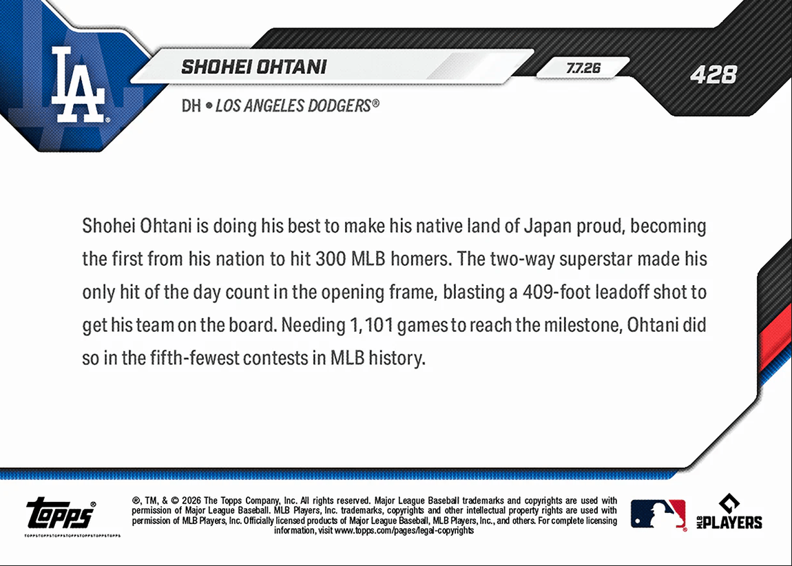 2026 Topps Now Shohei Ohtani #428 1st Japanese Player to Reach 300 MLB Home Runs Los Angeles Dodgers Baseball Card