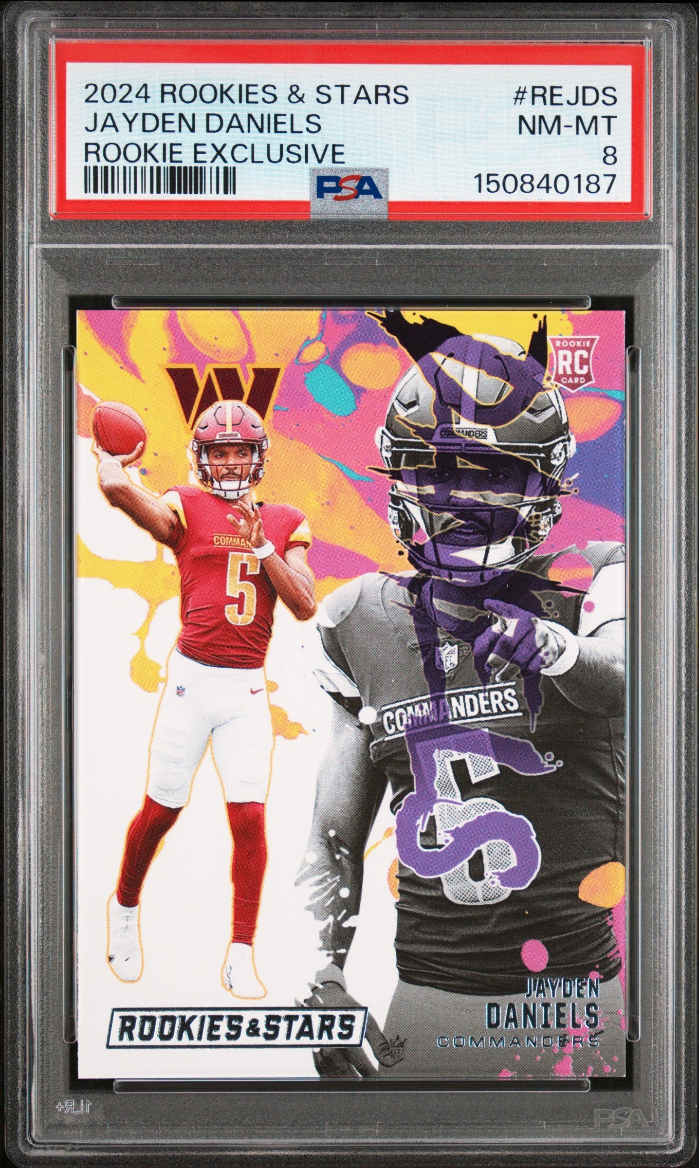 Graded 2024 Panini Rookies & Stars Jayden Daniels #RE-JDS Rookie Exclusive Rookie RC Football Card PSA 8 Near Mint