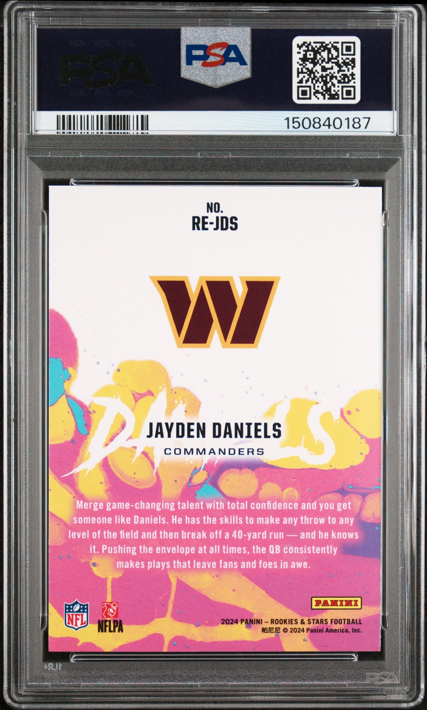 Graded 2024 Panini Rookies & Stars Jayden Daniels #RE-JDS Rookie Exclusive Rookie RC Football Card PSA 8 Near Mint