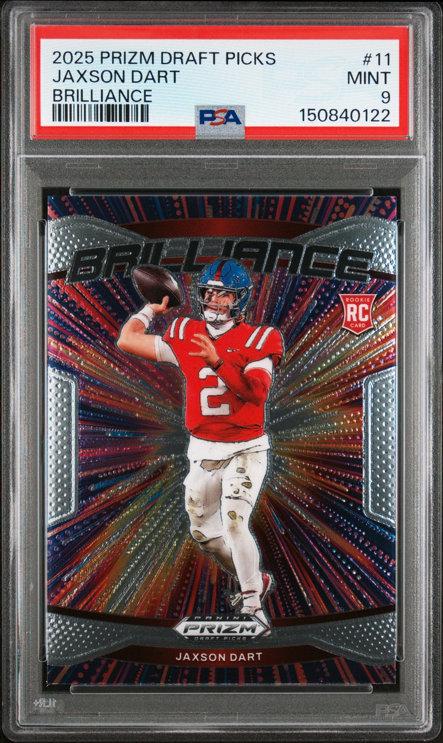Graded 2025 Panini Prizm Draft Picks Jaxson Dart #11 Brilliance Rookie RC Football Card PSA 9 Mint