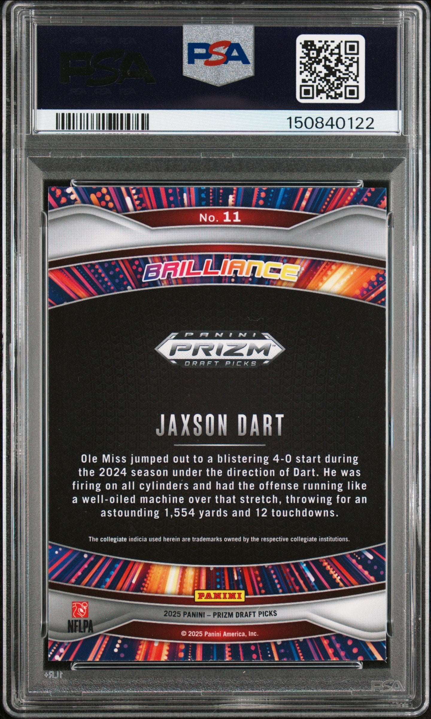 Graded 2025 Panini Prizm Draft Picks Jaxson Dart #11 Brilliance Rookie RC Football Card PSA 9 Mint