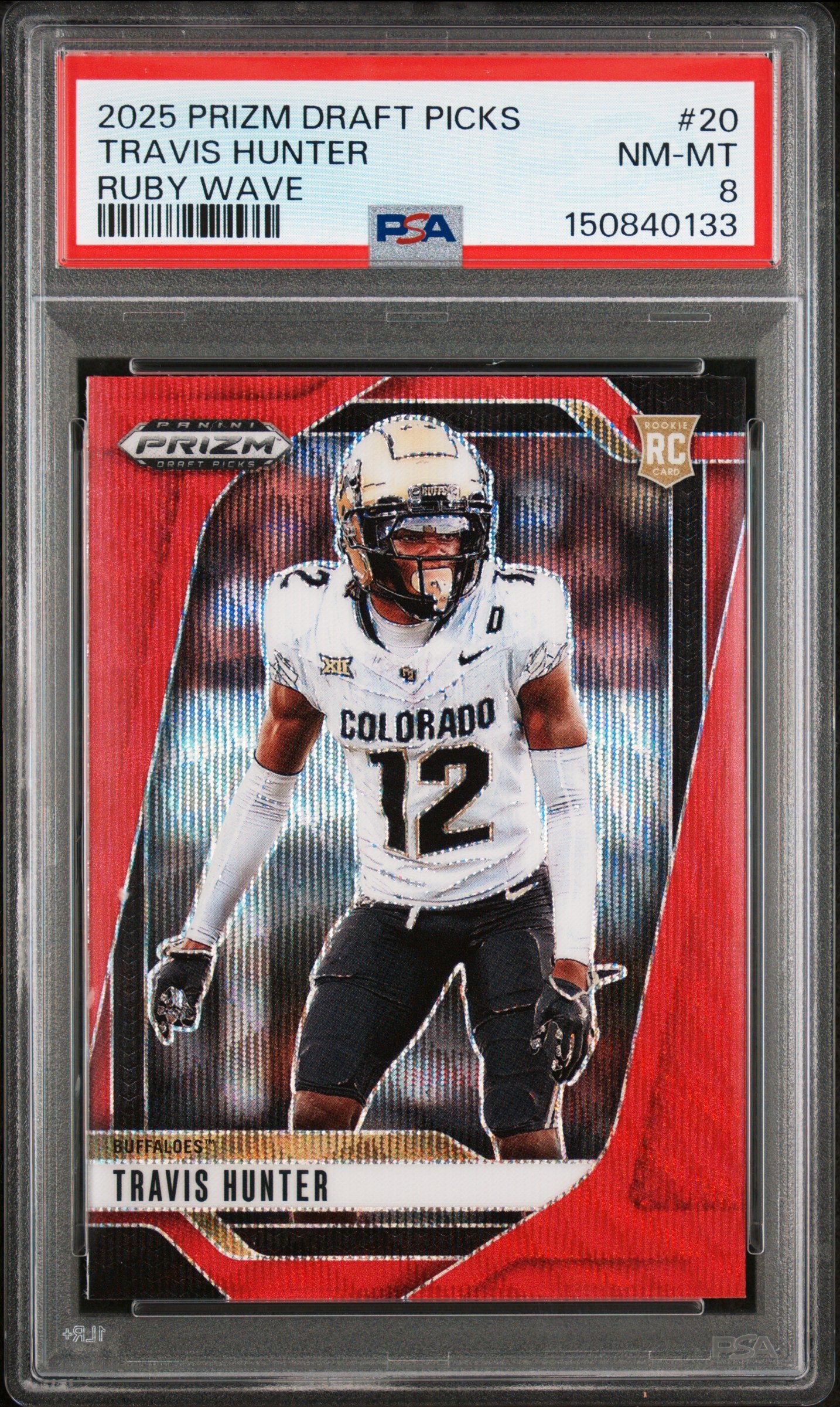 Graded 2025 Panini Prizm Draft Picks Travis Hunter #20 Prizms Ruby Wave Rookie RC Football Card PSA 8 Near Mint