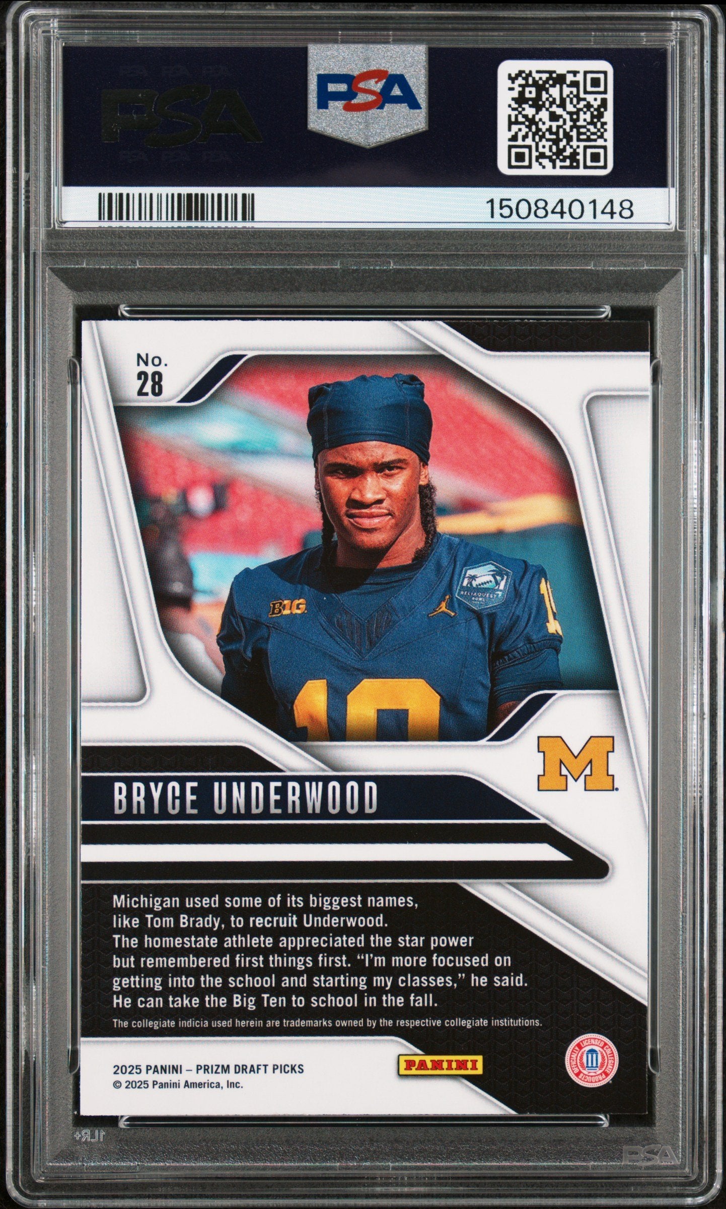 Graded 2025 Panini Prizm Draft Picks Bryce Underwood #28 Rookie RC Football Card PSA 9 Mint