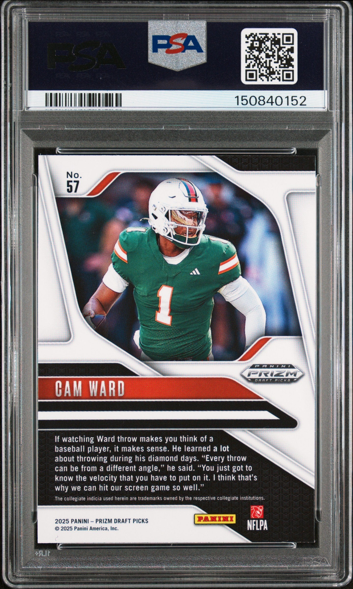 Graded 2025 Panini Prizm Draft Picks Cam Ward #57 Rookie RC Football Card PSA 8 Near Mint