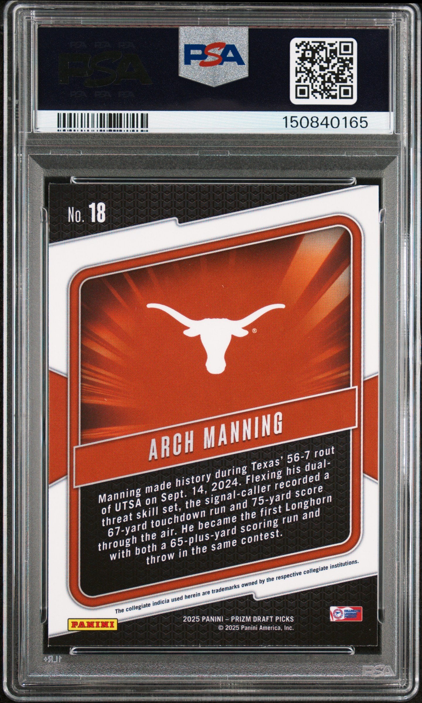 Graded 2025 Panini Prizm Draft Picks Arch Manning #18 Hype Rookie RC Football Card PSA 10 Gem Mint