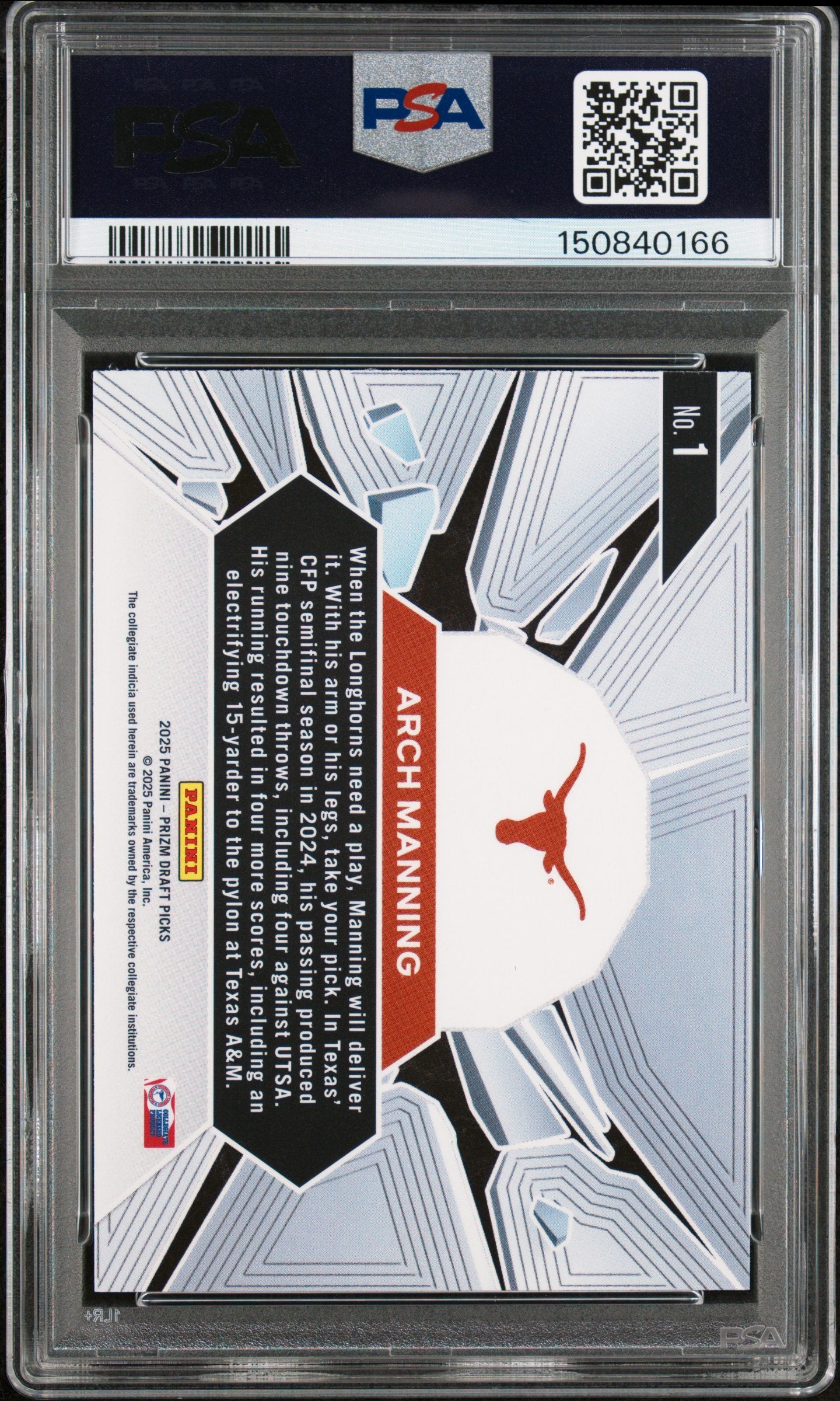 Graded 2025 Panini Prizm Draft Picks Arch Manning #1 Prizm Break Rookie RC Football Card PSA 10 Gem Mint