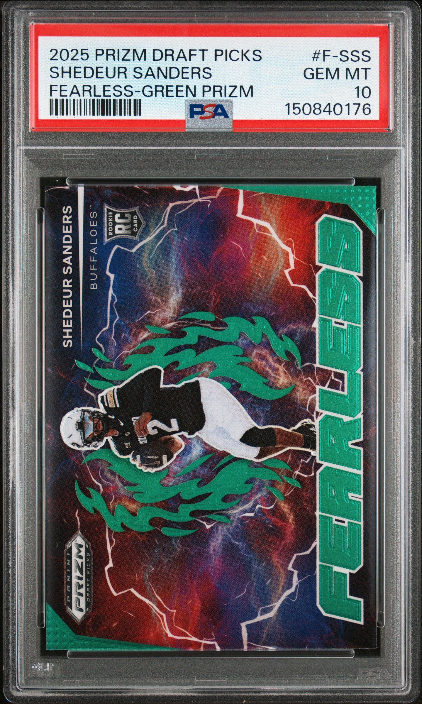 Graded 2025 Panini Prizm Draft Picks Shedeur Sanders #FSSS Fearless Green Rookie RC Football Card PSA 10 Gem Mint