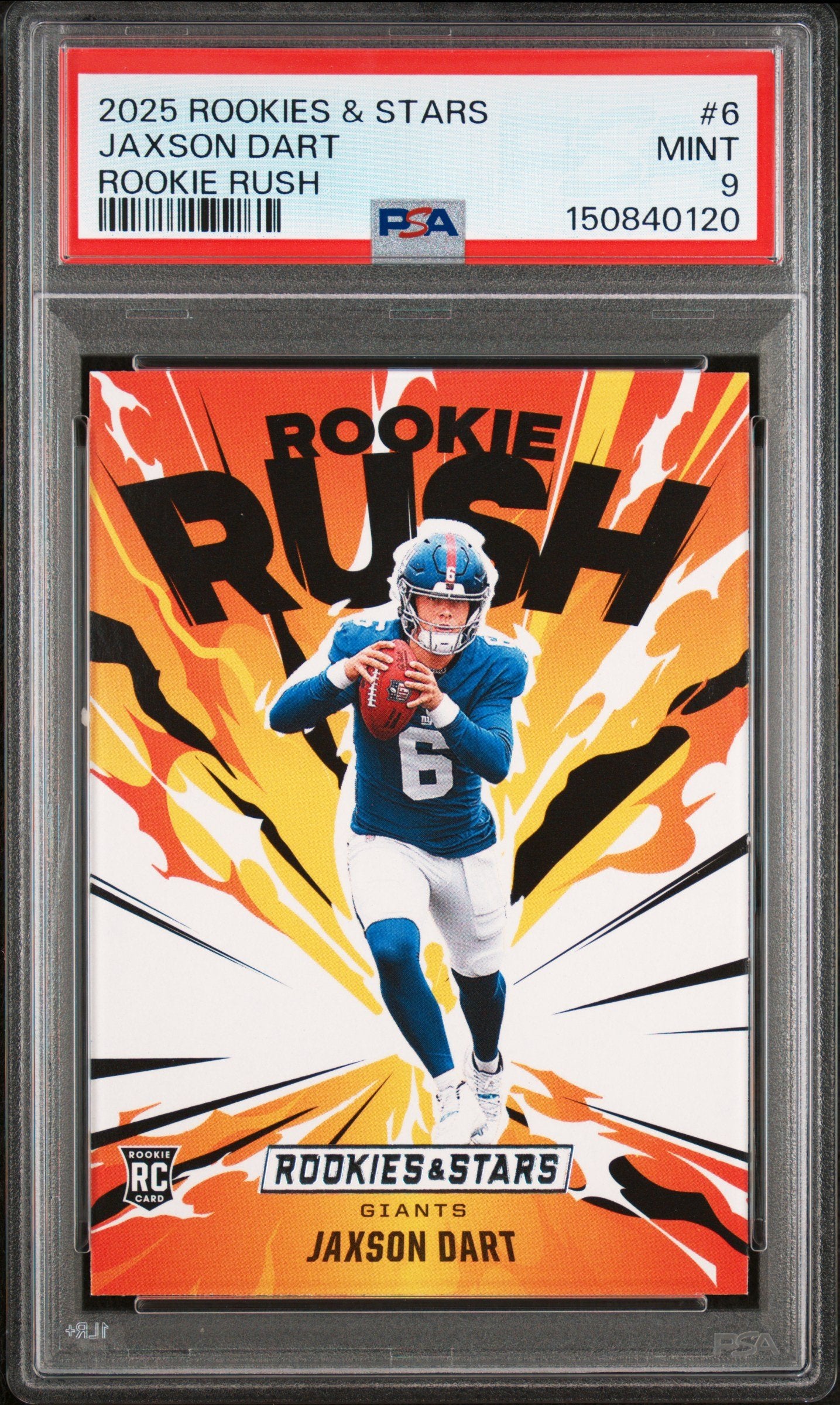 Graded 2025 Panini Rookies & Stars Jaxson Dart #6 Rookie Rush Rookie RC Football Card PSA 9 Mint
