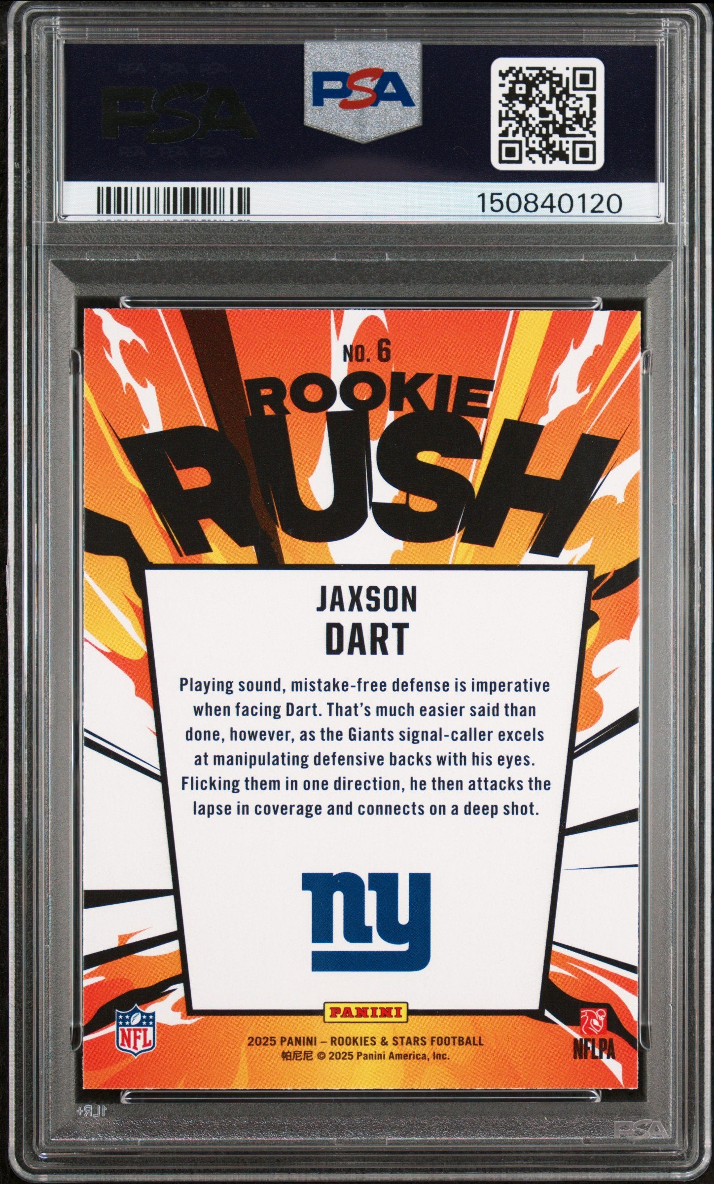 Graded 2025 Panini Rookies & Stars Jaxson Dart #6 Rookie Rush Rookie RC Football Card PSA 9 Mint