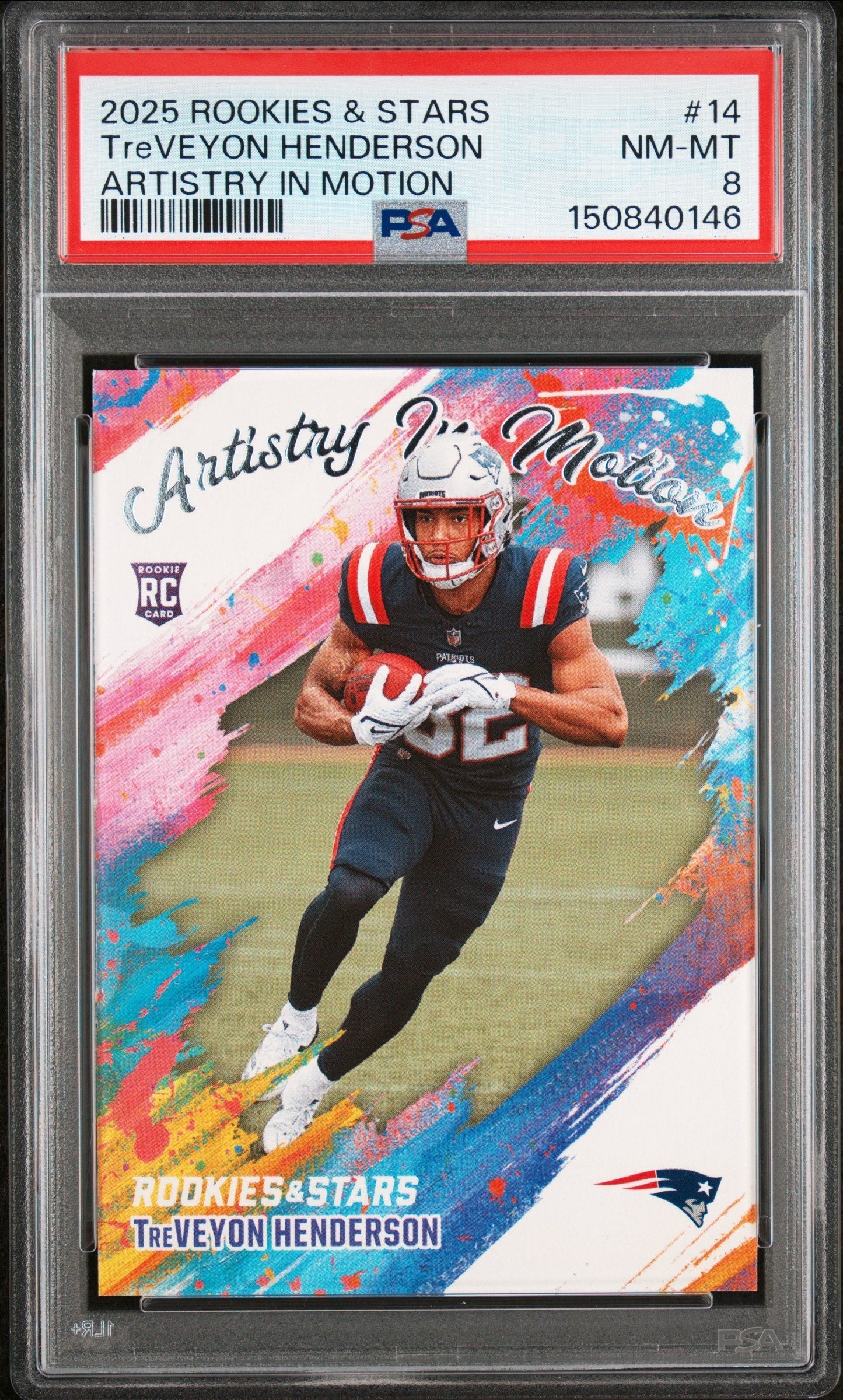 Graded 2025 Panini Rookies & Stars TreVeyon Henderson #14 Artistry in Motion Rookie RC Football Card PSA 8 Near Mint