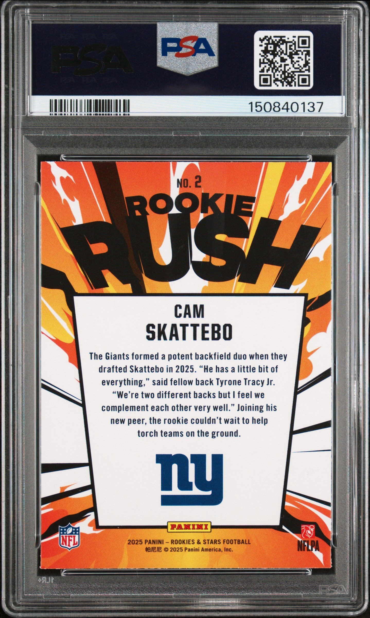 Graded 2025 Panini Rookies & Stars Cam Skattebo #2 Rookie Rush Rookie RC Football Card PSA 9 Mint