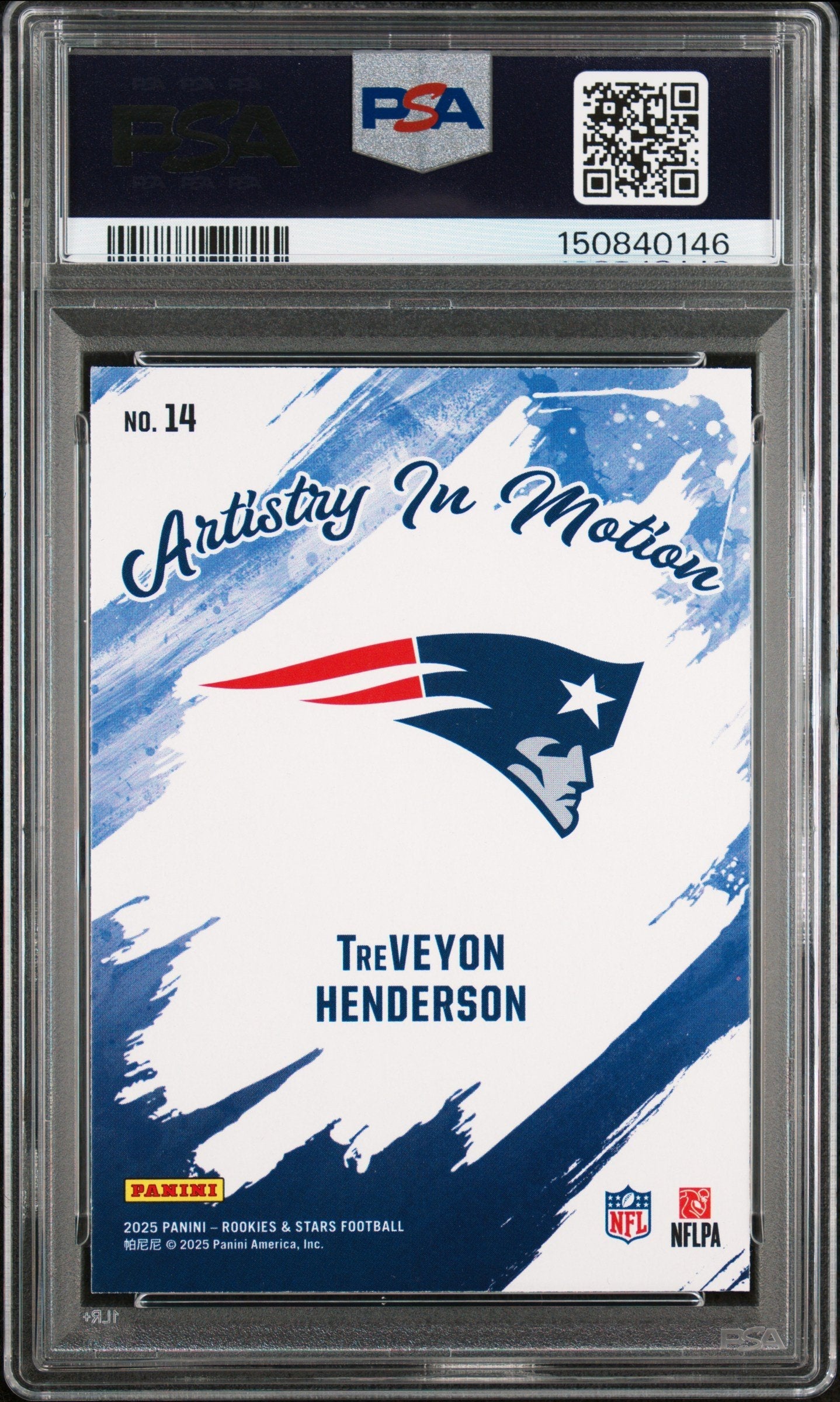 Graded 2025 Panini Rookies & Stars TreVeyon Henderson #14 Artistry in Motion Rookie RC Football Card PSA 8 Near Mint