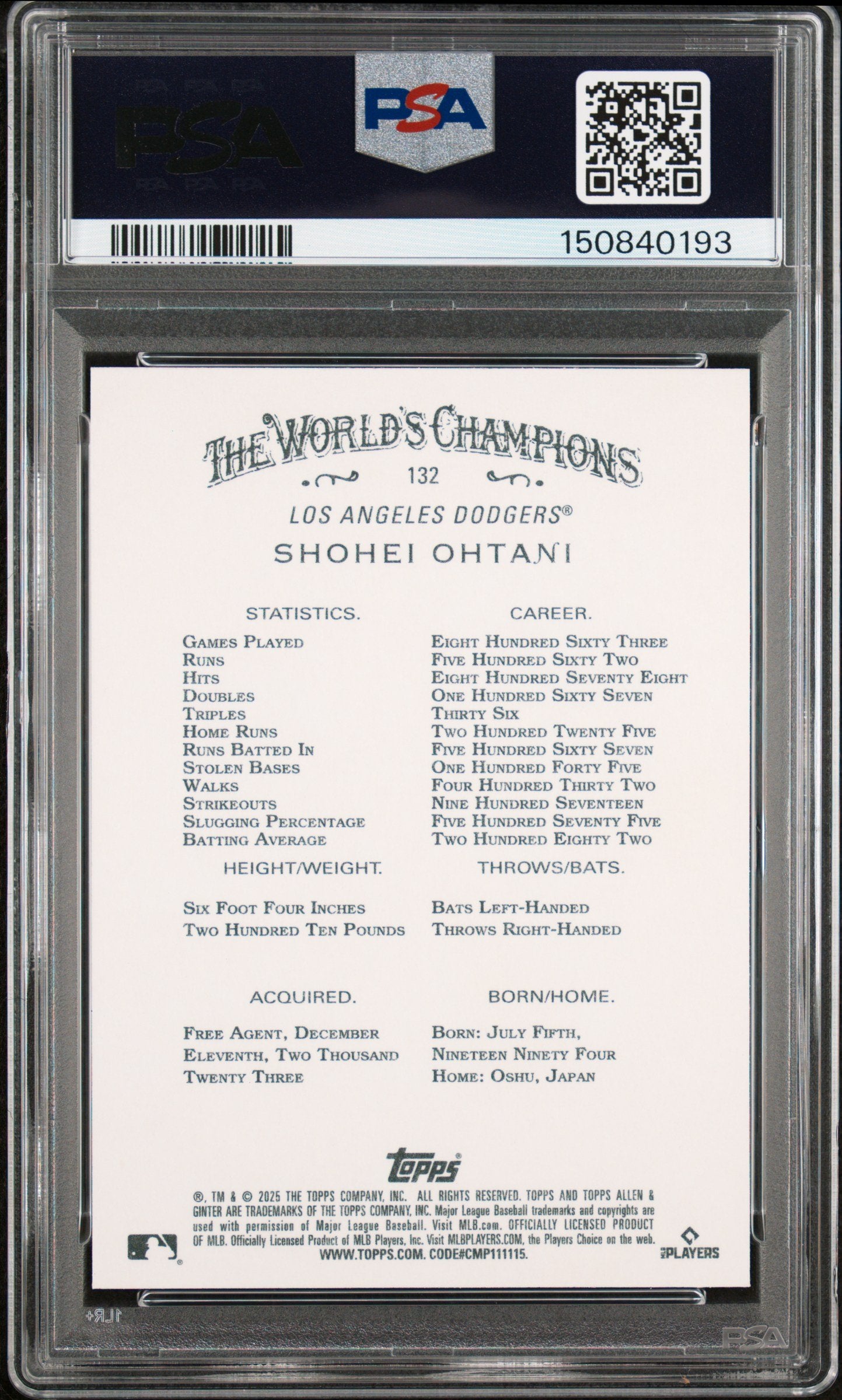 Graded 2025 Topps Allen & Ginter Shohei Ohtani #132 Baseball Card PSA 9 Mint