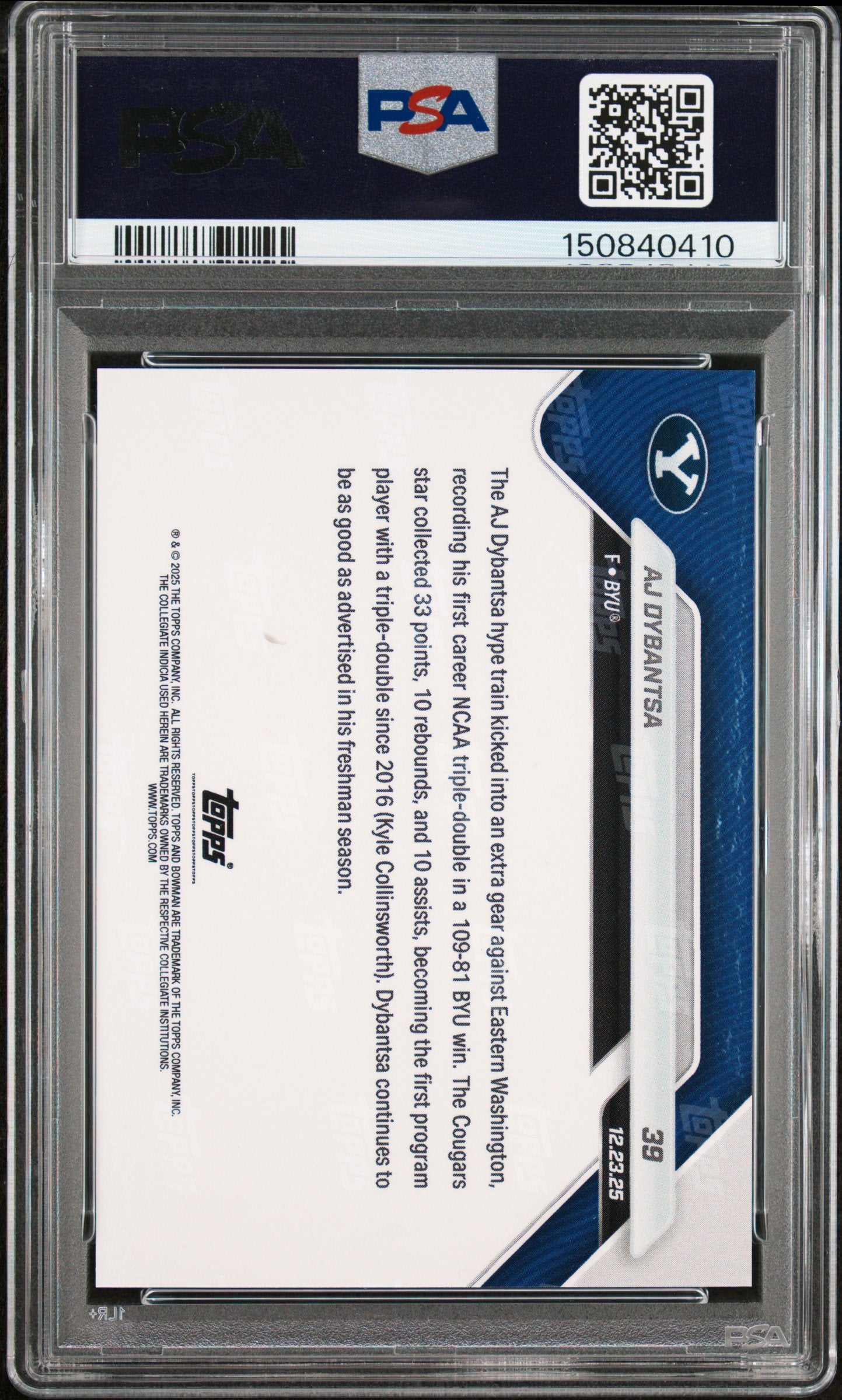 Graded 2025 Topps Bowman U Now AJ Dybantsa #39 Rookie RC Basketball Card PSA 8 Near Mint