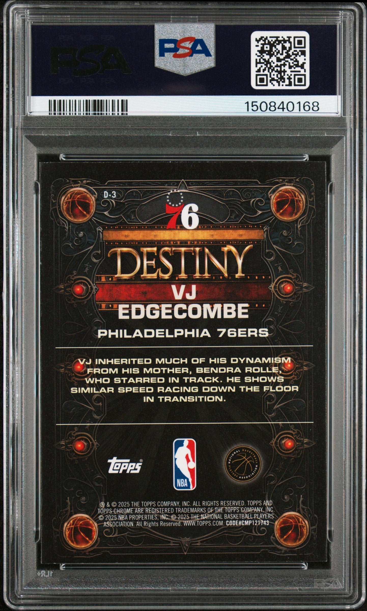 Graded 2025 Topps Chrome VJ Edgecombe #D3 Destiny Rookie RC Basketball Card PSA 9 Mint