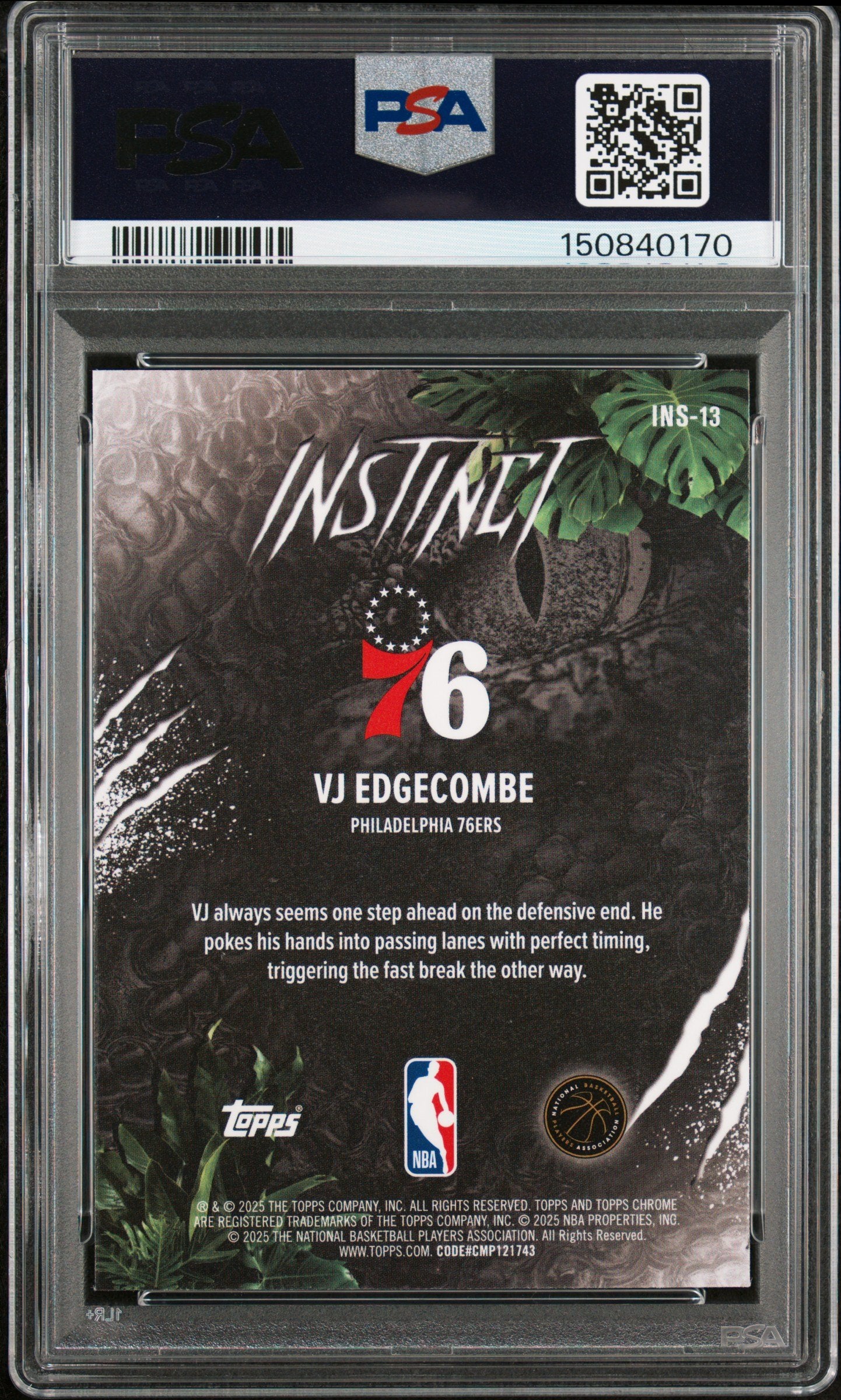 Graded 2025 Topps Chrome VJ Edgecombe #INS13 Instinct Rookie RC Basketball Card PSA 9 Mint