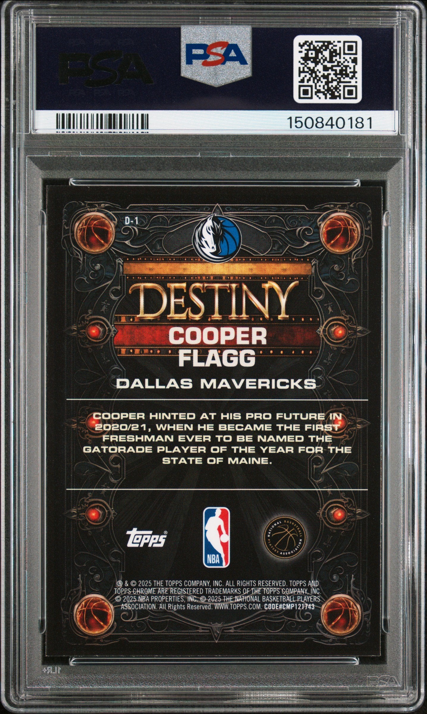 Graded 2025 Topps Chrome Cooper Flagg #D1 Destiny Rookie RC Basketball Card PSA 9 Mint
