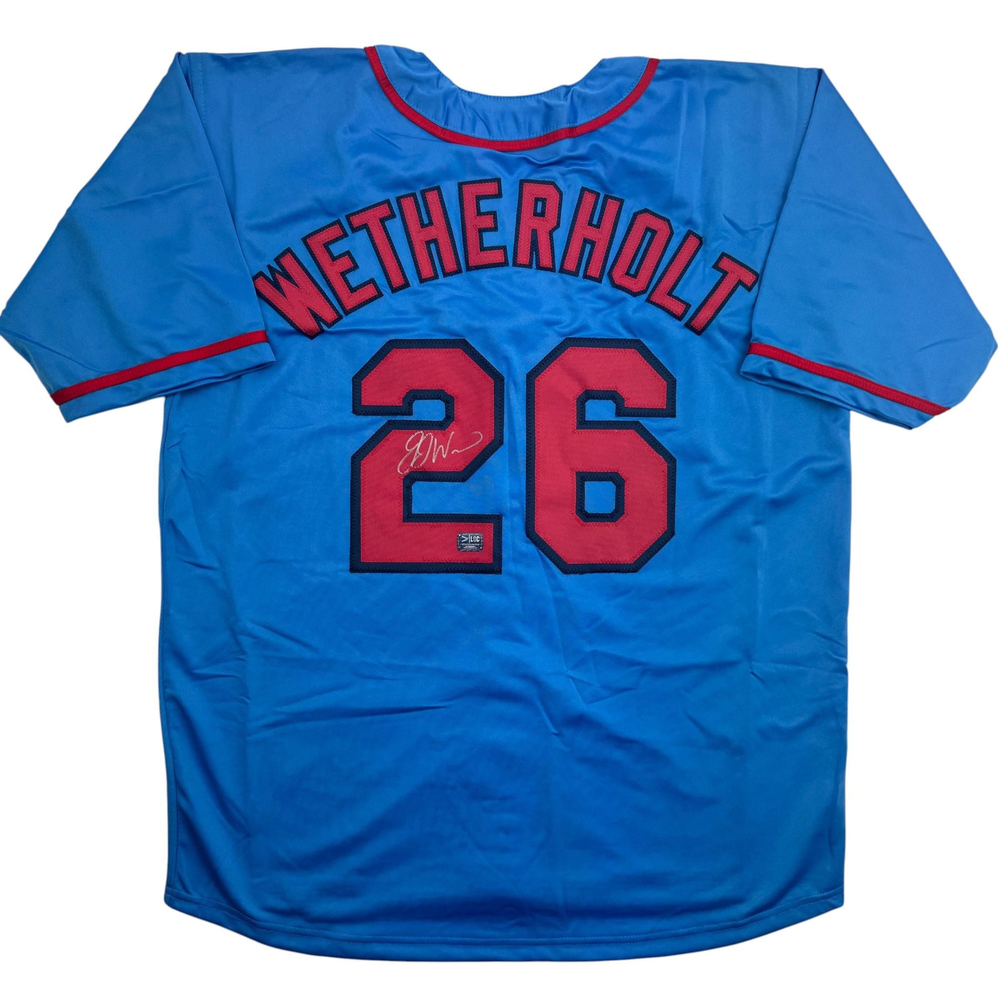 Autographed/Signed J.J. JJ Wetherholt St. Louis Blue Baseball Jersey LCG Prova COA