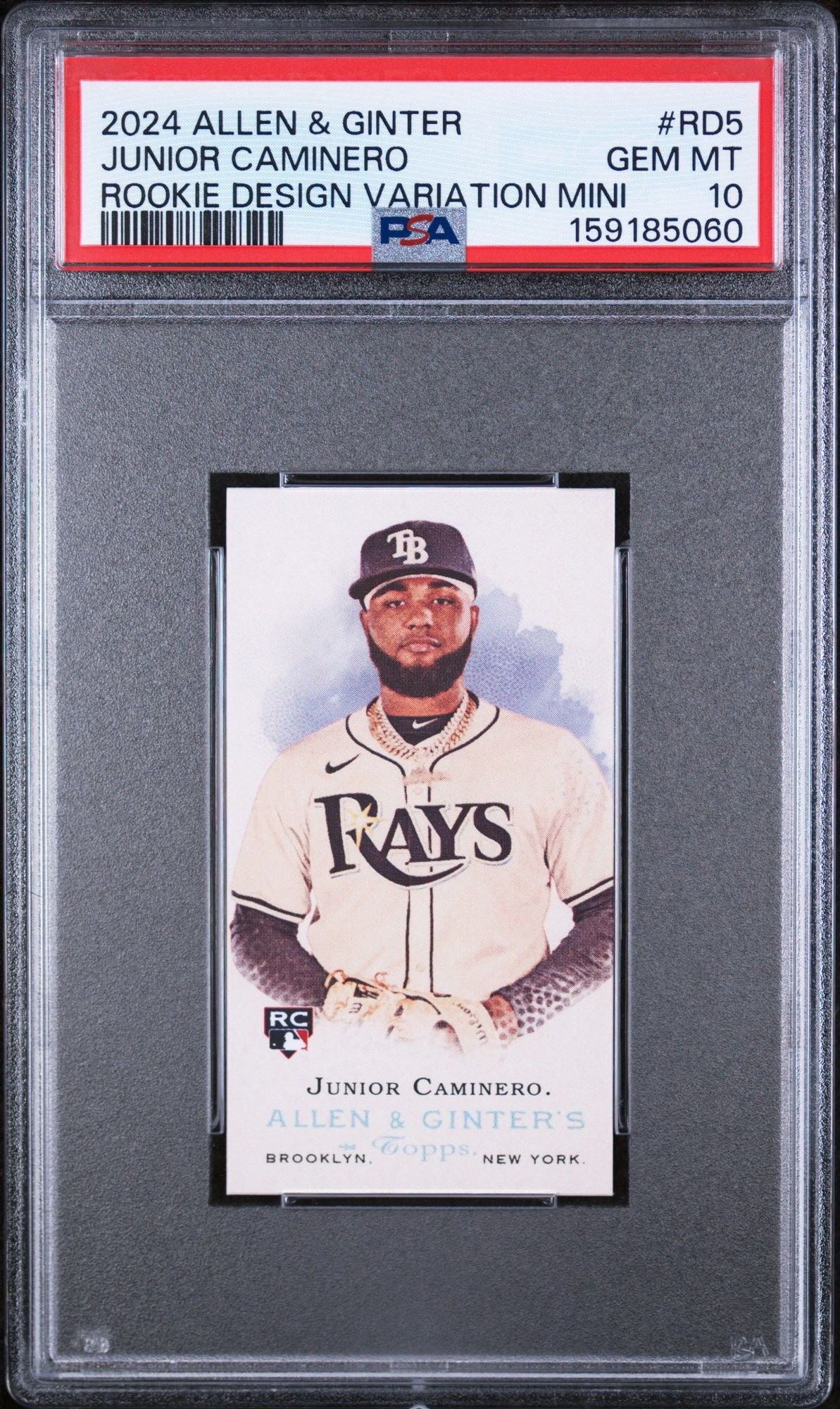 Graded 2024 Topps Allen & Ginter Junior Caminero #RD5 Rookie Design Variation Mini RC Baseball Card PSA 10 Gem Mint