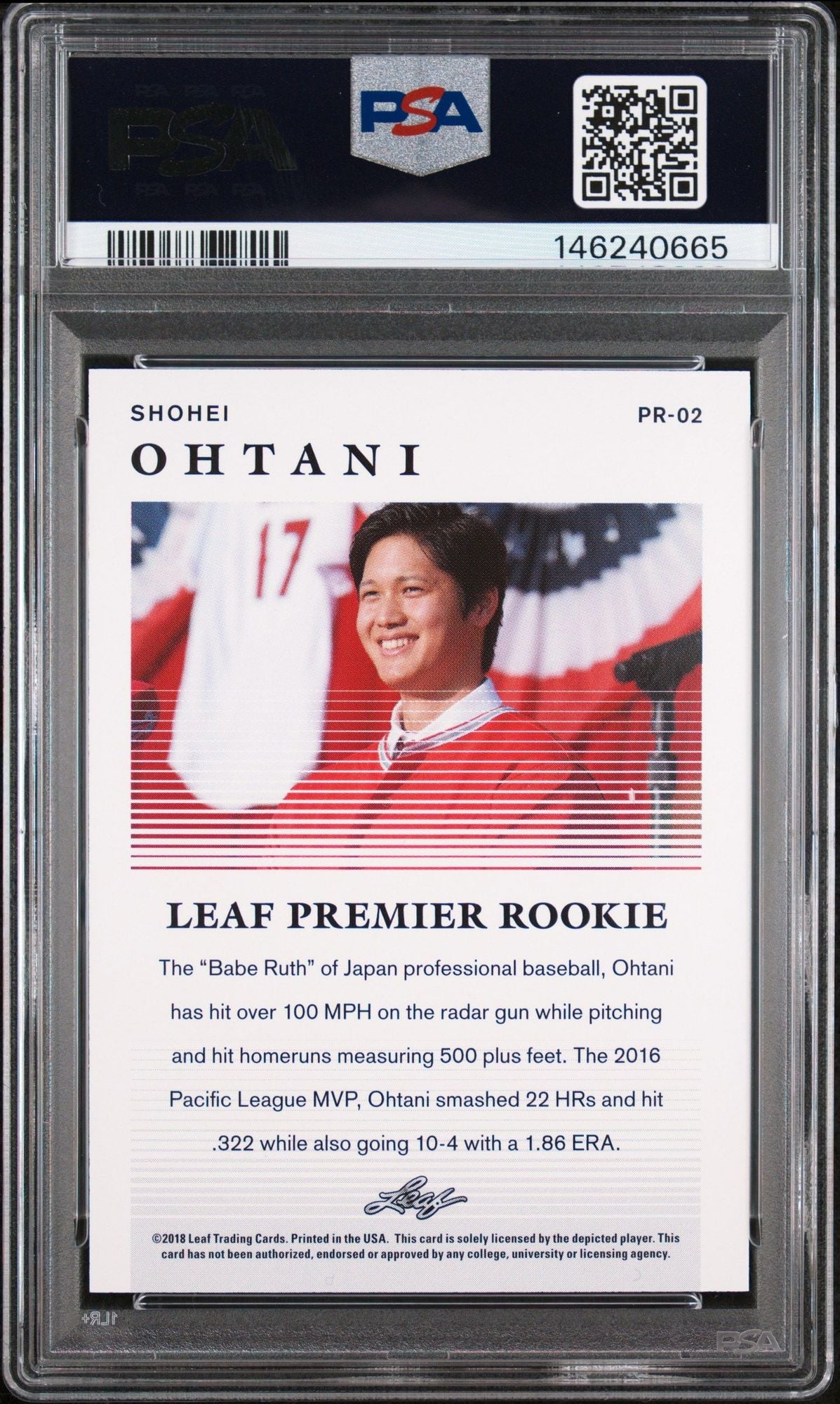 Graded 2018 Leaf Shohei Ohtani #PR-02 Premier Rookies Rookie RC Baseball Card PSA 10 Gem Mint