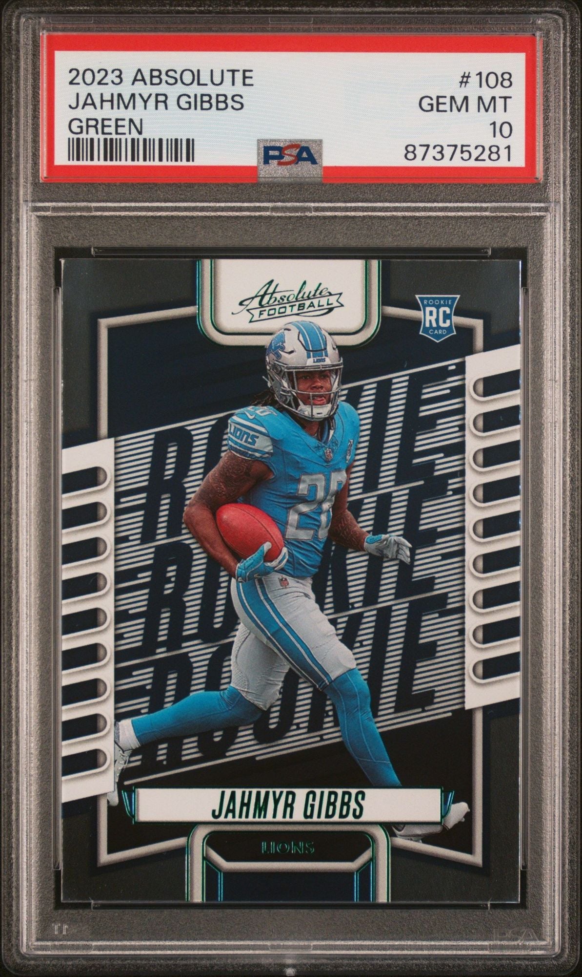 Graded 2023 Panini Absolute Jahmyr Gibbs #108 Green Rookie RC Football Card PSA 10 Gem Mint