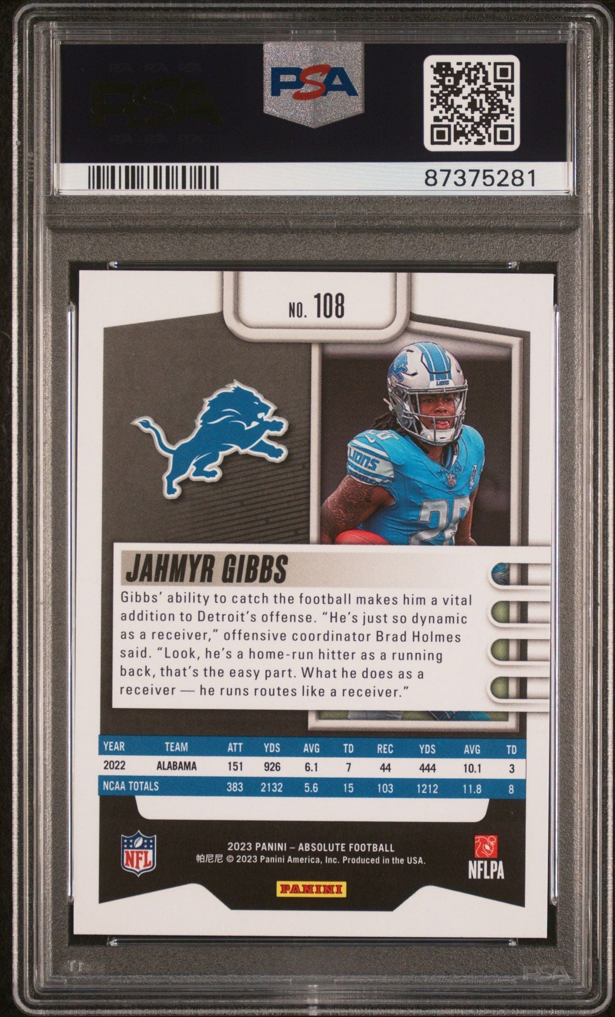 Graded 2023 Panini Absolute Jahmyr Gibbs #108 Green Rookie RC Football Card PSA 10 Gem Mint