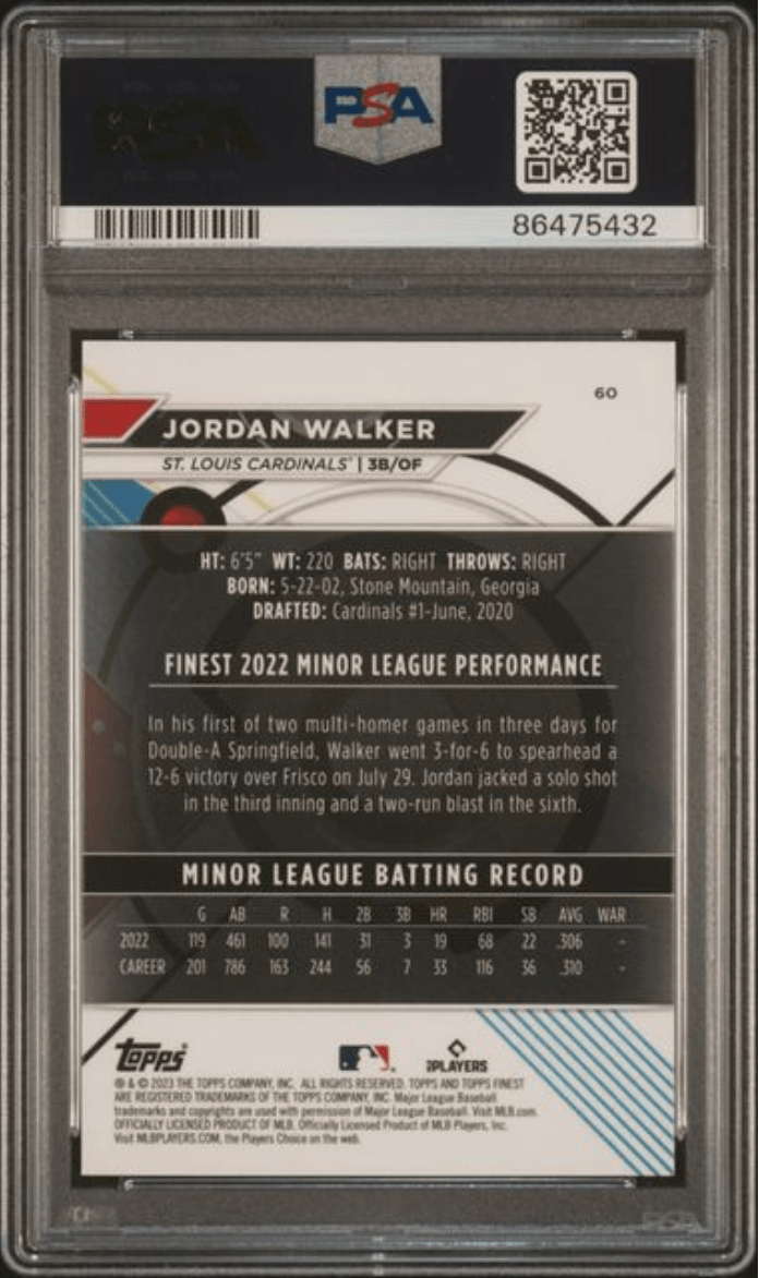 Graded 2023 Topps Finest Jordan Walker #60 Rookie RC Baseball Card PSA 10 Gem Mint