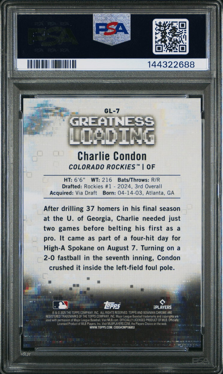 Graded 2025 Topps Bowman Charlie Condon #GL7 Greatness Loading Green Refractor /99 Rookie RC Baseball Card PSA 10 Gem Mint