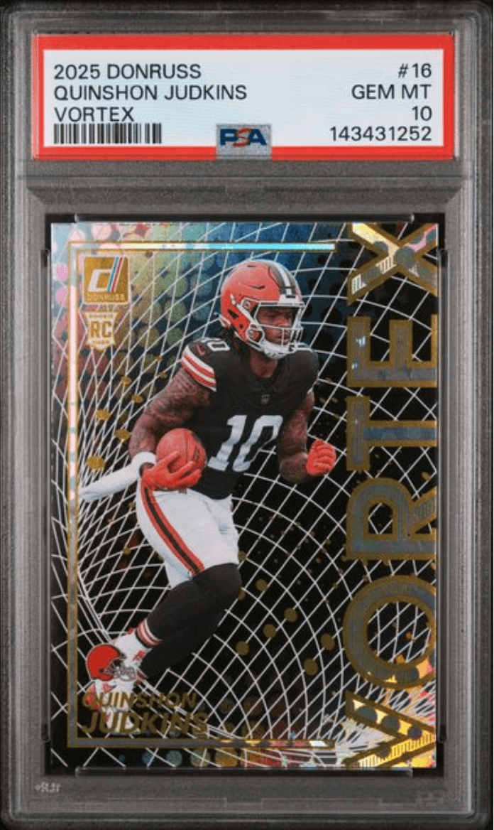 Graded 2025 Panini Donruss Quinshon Judkins #16 Vortex Rookie RC Football Card PSA 10 Gem Mint