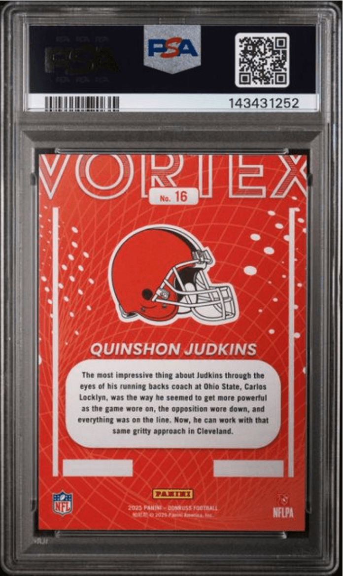 Graded 2025 Panini Donruss Quinshon Judkins #16 Vortex Rookie RC Football Card PSA 10 Gem Mint
