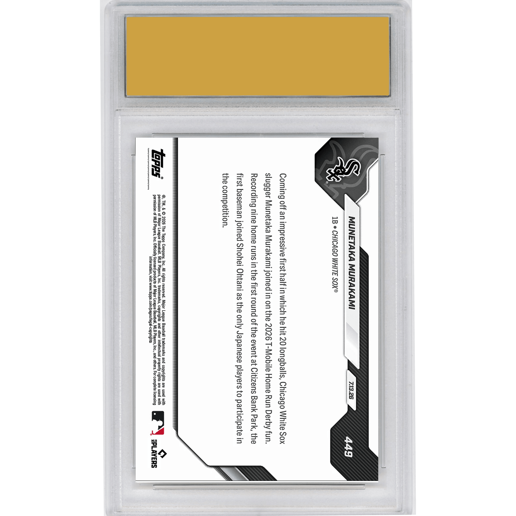 Graded 2026 Topps Now Munetaka Murakami #449 2nd Japan Native Ever in Home Run Derby Chicago White Sox Rookie RC Baseball Card HOFSM 10 Gem Mint